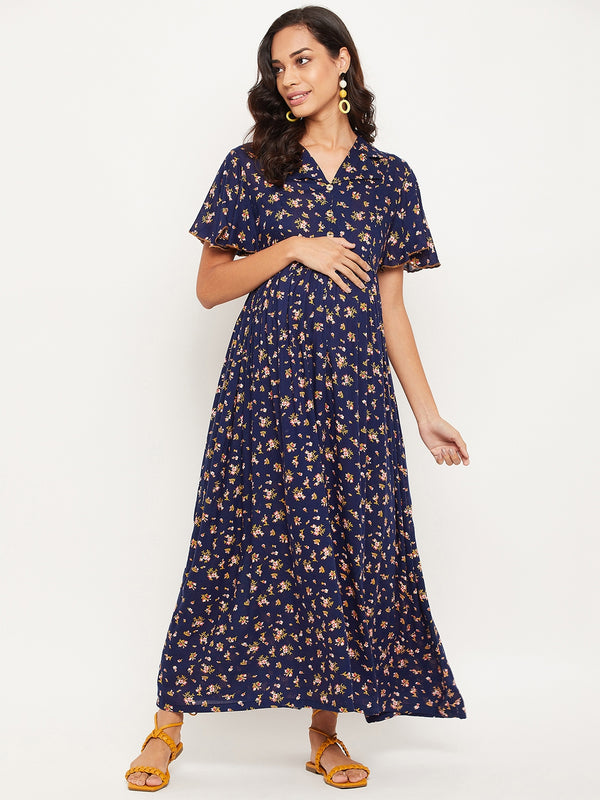 Blue Floral Printed Maternity Dress for Women