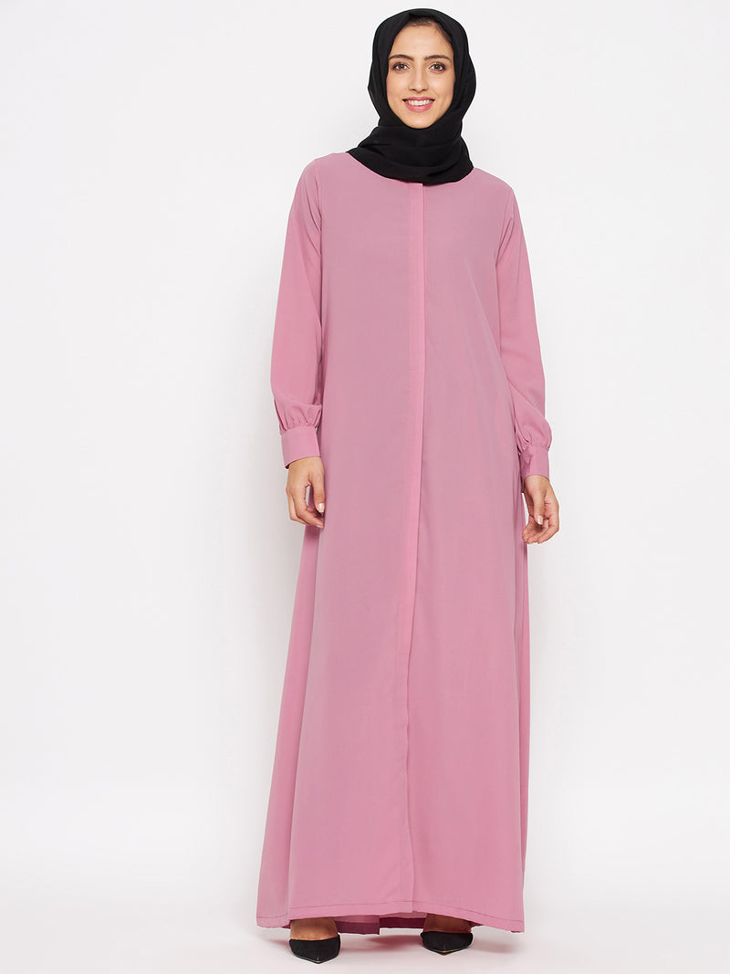 Nabia Women Fuse Pink Solid Front Open Abaya With Georgette Scarf