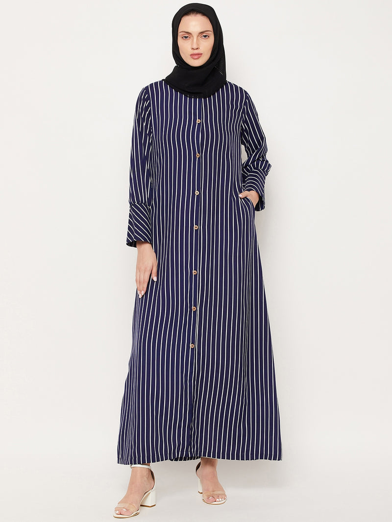 Nabia Blue Striped Crape Front Open Women Abaya With Georgette Scarf