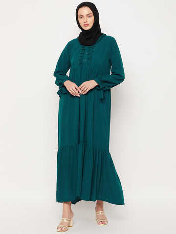 Nabia Bottle Green Ruffle Design Nida Matte Fabric Women Abaya With Georgette Scarf