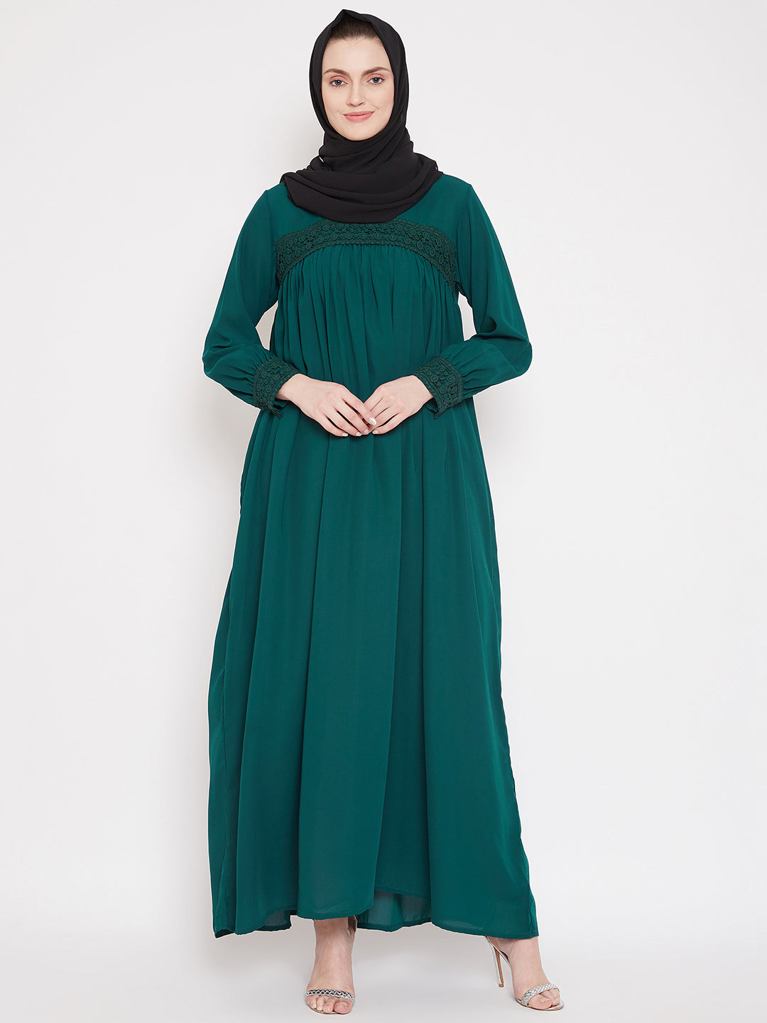 Nabia  Women Green Solid Lace Maxi Abaya Dress Abaya With Georgette Scarf