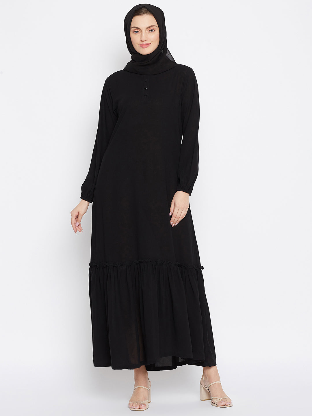 Nabia Women Black Solid Frill Abaya With Georgette Scarf