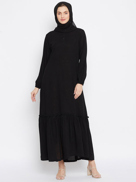 Nabia Women Black Solid Frill Abaya With Georgette Scarf