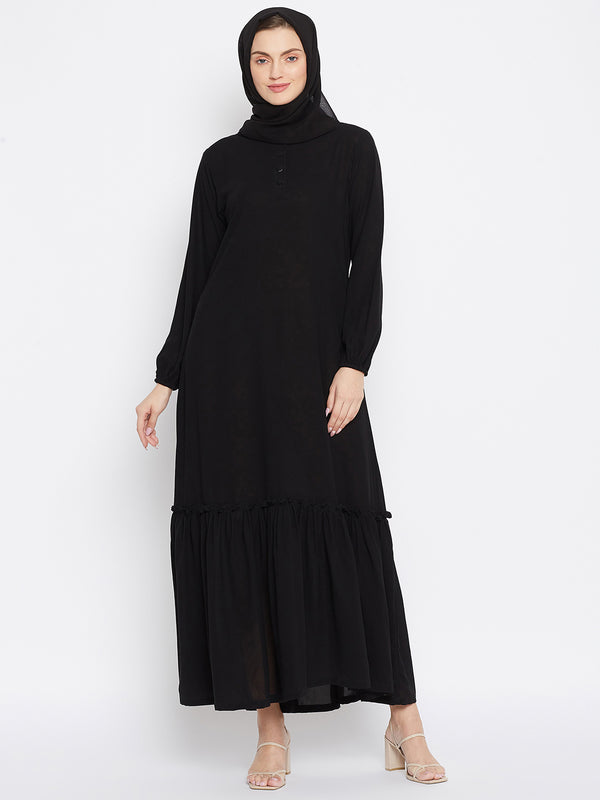 Nabia Women Black Solid Frill Abaya With Georgette Scarf