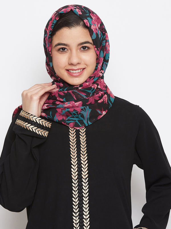 Nabia Women Black Floral Printed Georgette Hijab