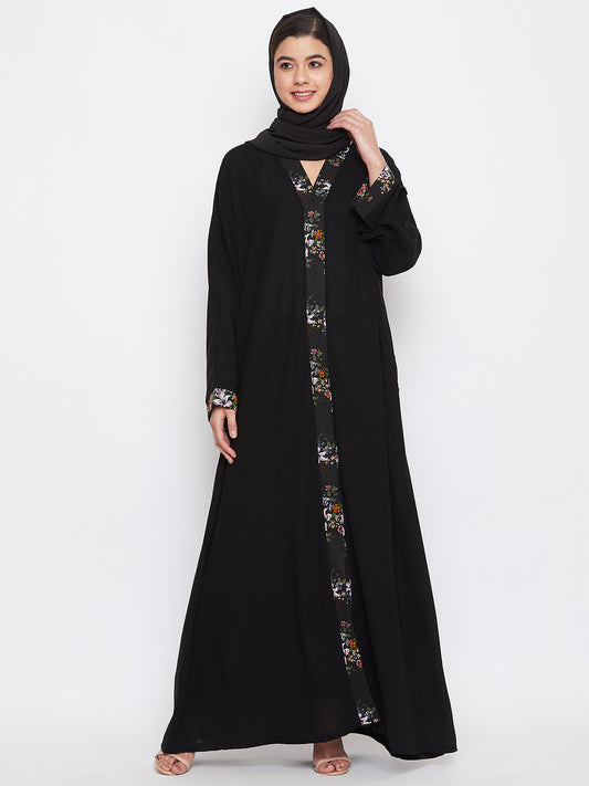 Nabia Women Black Dubai Style Front Open Nida Matte Fabric Abaya with Georgette Scarf