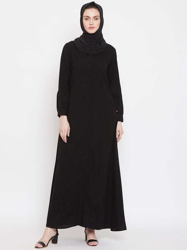 Nabia Women Black Solid Front Open Abaya With Georgette Scarf