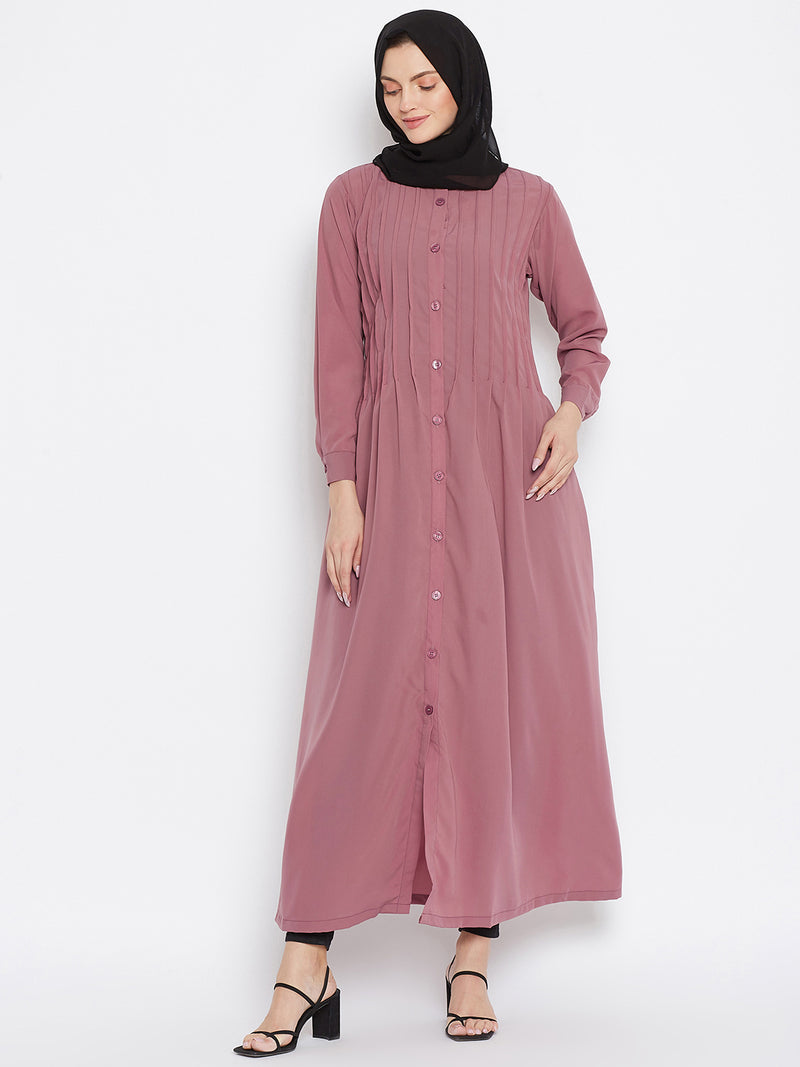 Nabia Women Pink Solid Nida Matte Front Open Plat Design Abaya With Georgette Scarf