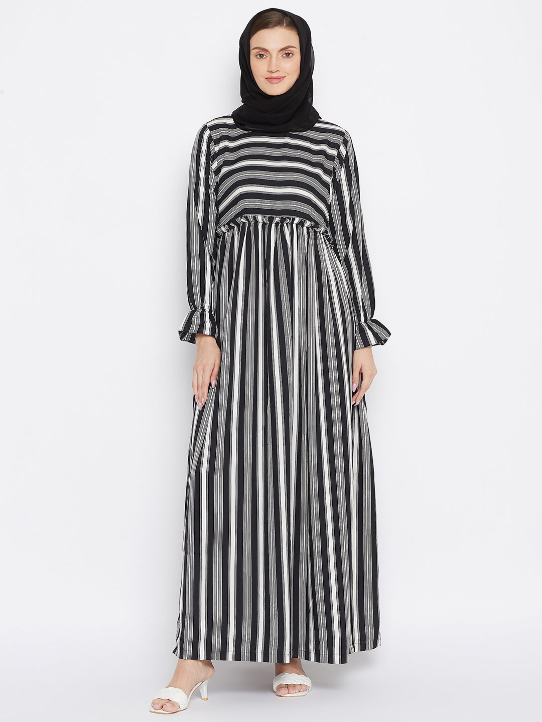 Nabia Women Black Solid Stripe Crepe Abaya Dress With Georgette Scarf