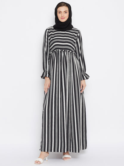 Nabia Women Black Solid Stripe Crepe Abaya Dress With Georgette Scarf