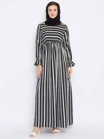 Nabia Women Black Solid Stripe Crepe Abaya Dress With Georgette Scarf
