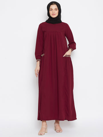 Nabia Women Maroon Pocket Embroidery Nida Matte Fabric Abaya with Georgette Scarf