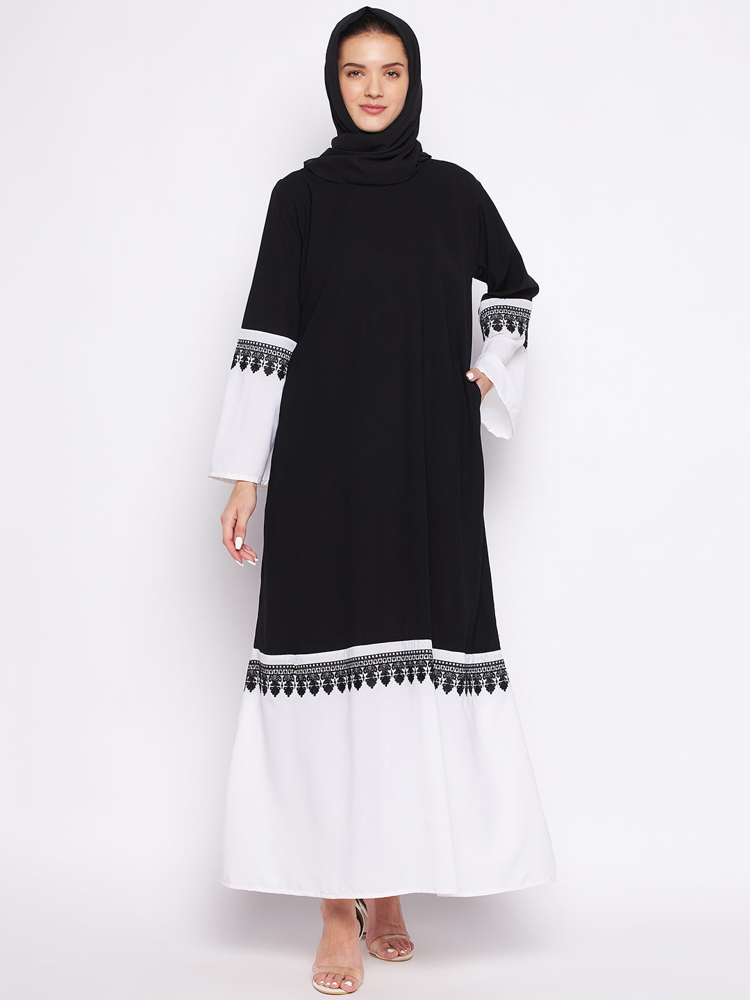 Nabia Black & White Nida Matte Fabric Abaya For Women With Georgette Scarf