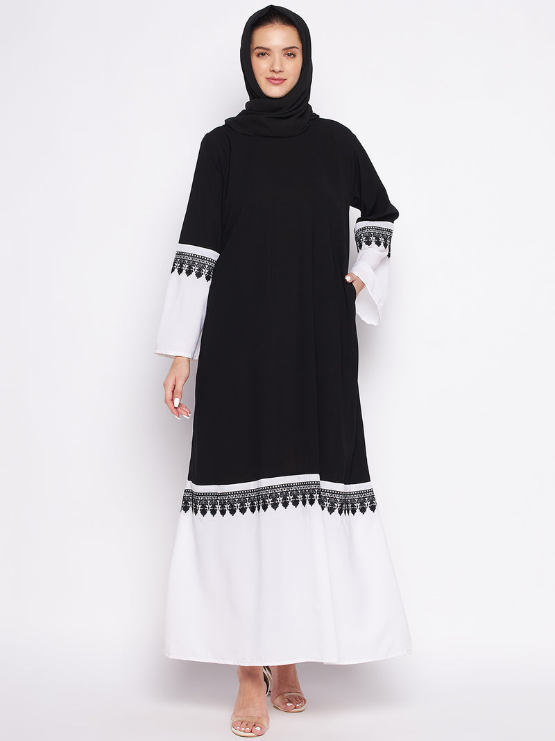 Nabia Black & White Nida Matte Fabric Abaya For Women With Georgette Scarf