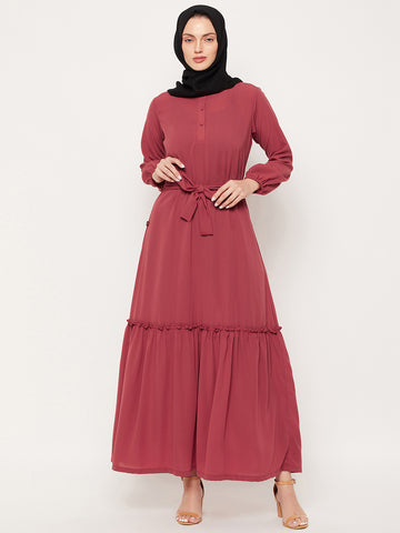 Nabia Rust Nida Matte Fabric Abaya Burqa for Women With Georgette Scarf