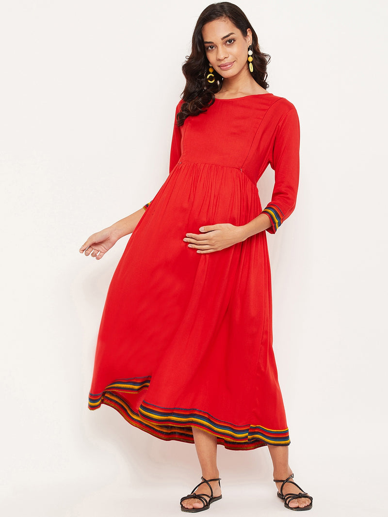 Maternity Solid Red Dress for Women
