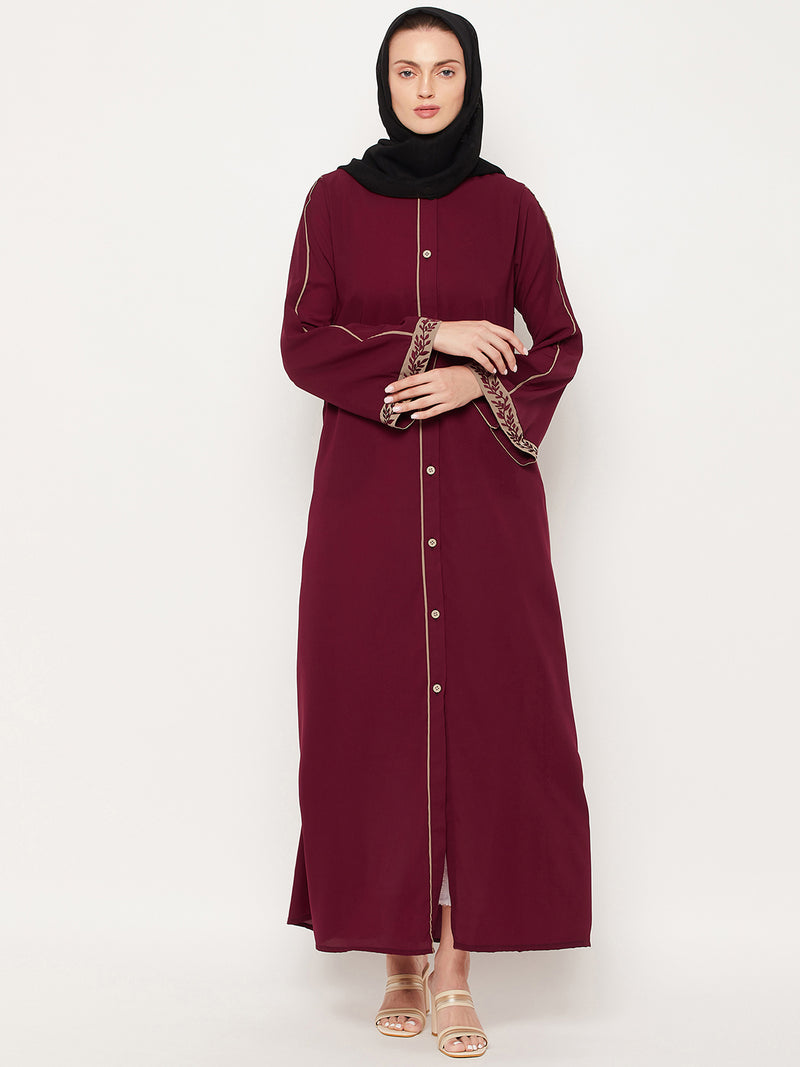 Nabia Maroon Nida Matte Fabric Embroidery Work Women Abaya With Georgette Scarf