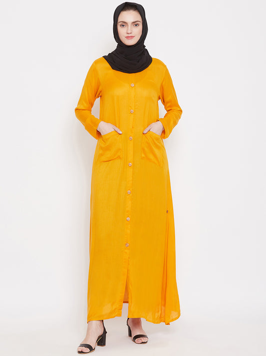 Nabia Women Yellow Rayon Front Open Abaya with Georgette Scarf