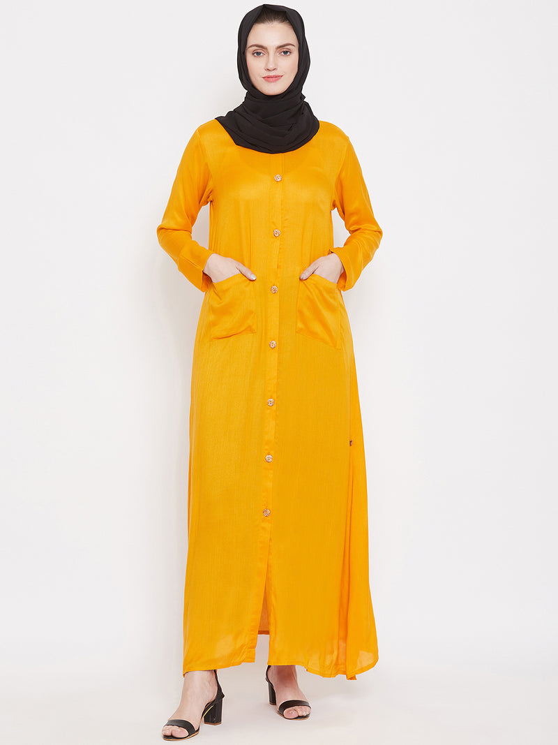 Nabia Women Yellow Rayon Front Open Abaya with Georgette Scarf