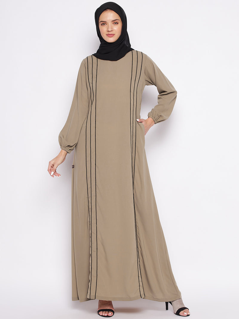 Nabia Beige A-line Nida Matte Fabric Abaya For Women Georgette Scarf