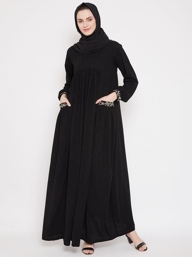 Nabia  Women Black Pocket Embroidery Nida Matte Fabric  Abaya with Georgette Scarf