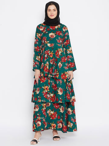 Nabia Women Bottle Green Floral Printed Crepe Three Frill Abaya Dress With Georgette Scarf