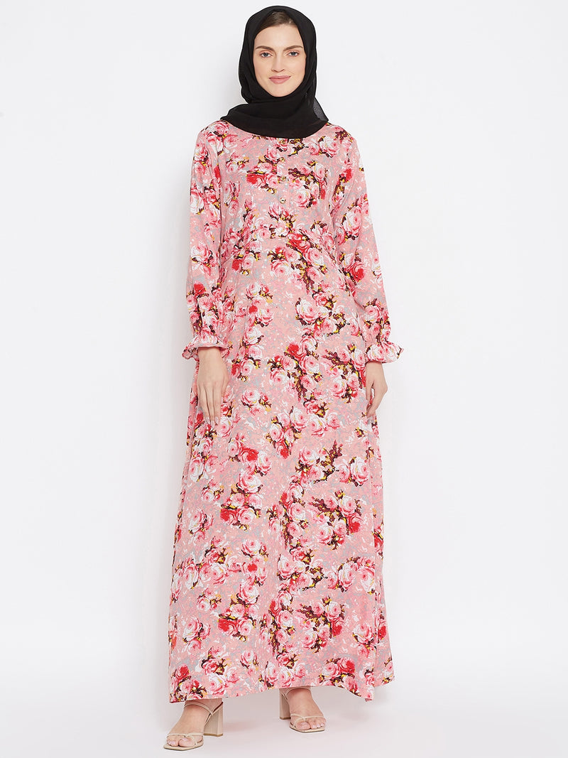 Nabia Women Pink Floral Printed Crepe Abaya Dress With Georgette Scarf