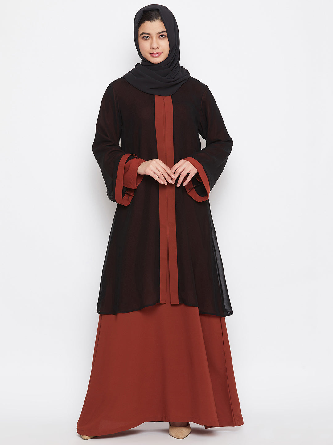Nabia Women Black & Rust Shrug Attached Nida Matte Abaya With Georgette Scarf
