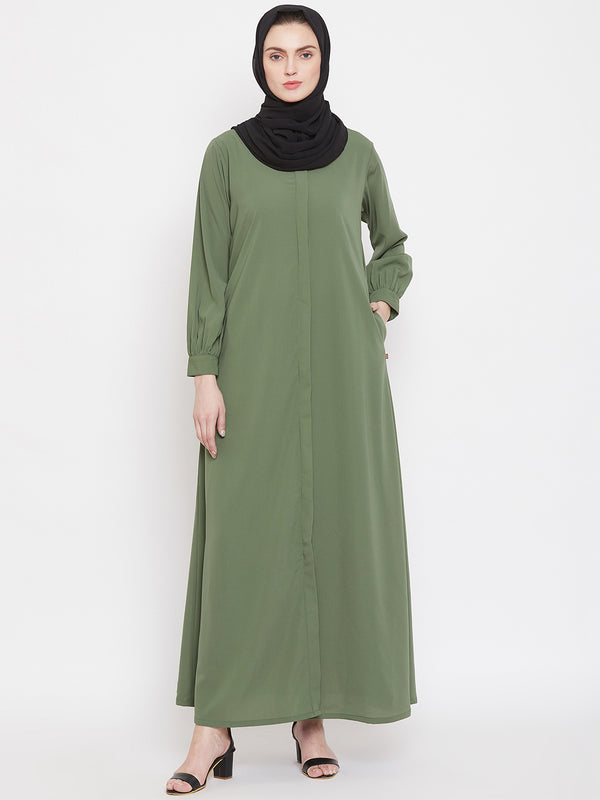 Nabia Women Jade Green Solid Front Open Abaya With Georgette Scarf