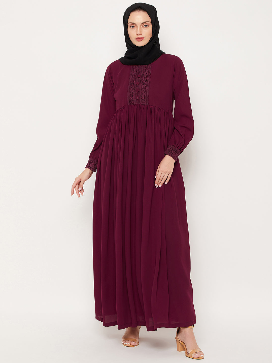 Nabia Maroon Lace Work Women Abaya with Georgette Scarf