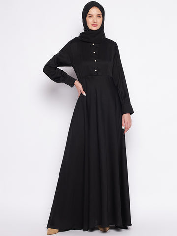 Nabia Black Solid Nida Fabric Abaya For Women With Georgette Scarf