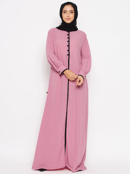 Nabia Fuse Pink Piping Design Abaya/Burqa With Georgette Scarf