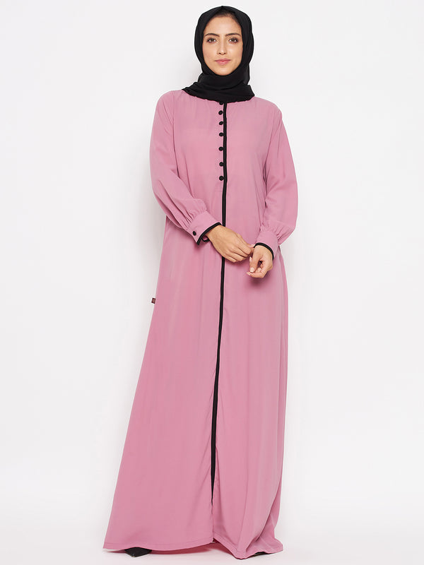 Nabia Women Fuse Pink Solid Piping Design Abaya Burqa With Georgette Scarf