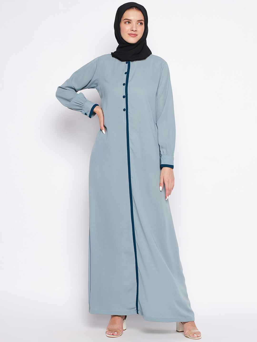 Nabia Sea Green Solid Nida Matte Fabric Abaya For Women with Georgette Scarf