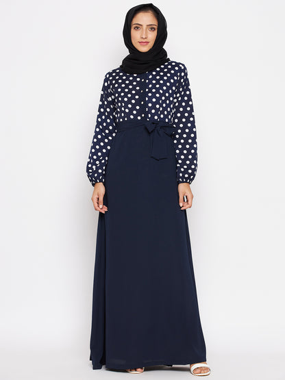 Nabia Women  Blue & White Polka Dot Printed Abaya With Georgette Scarf