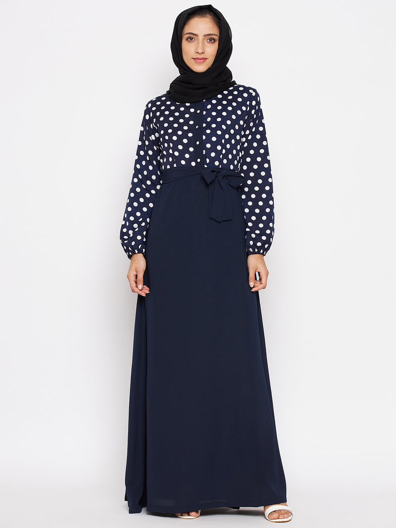 Nabia Women  Blue & White Polka Dot Printed Abaya With Georgette Scarf