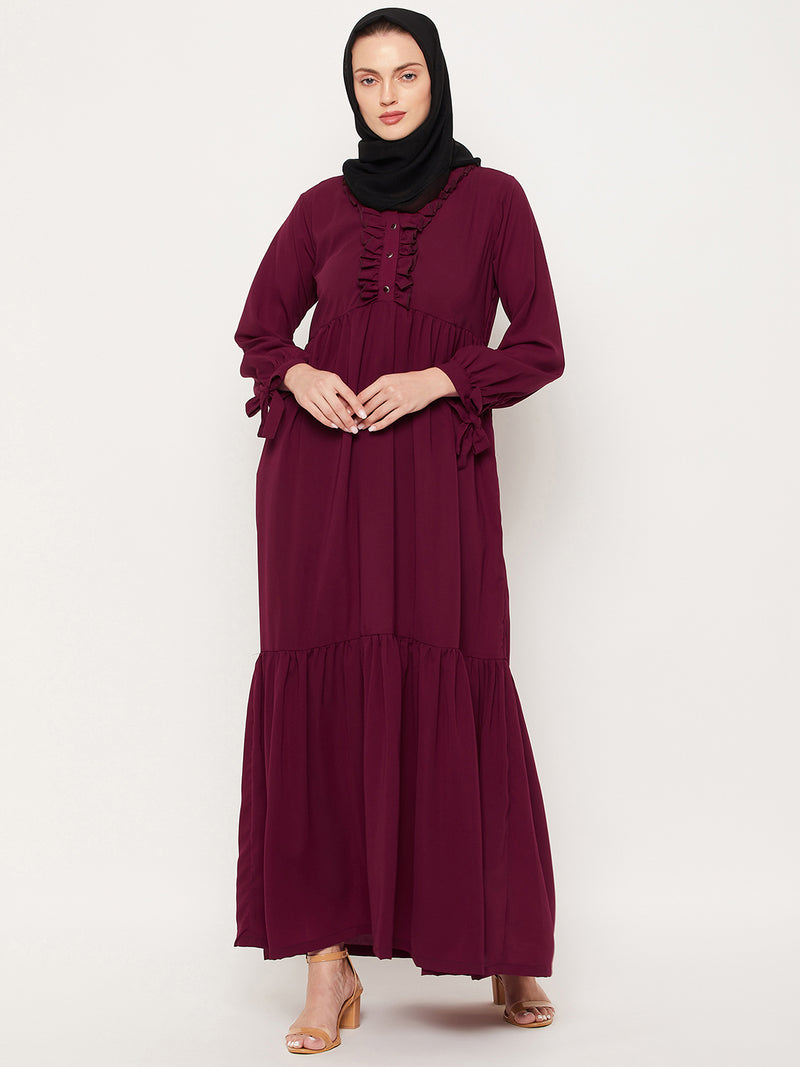 Nabai Maroon Ruffle Nida Matte Fabric Women Abaya With Georgette Scarf