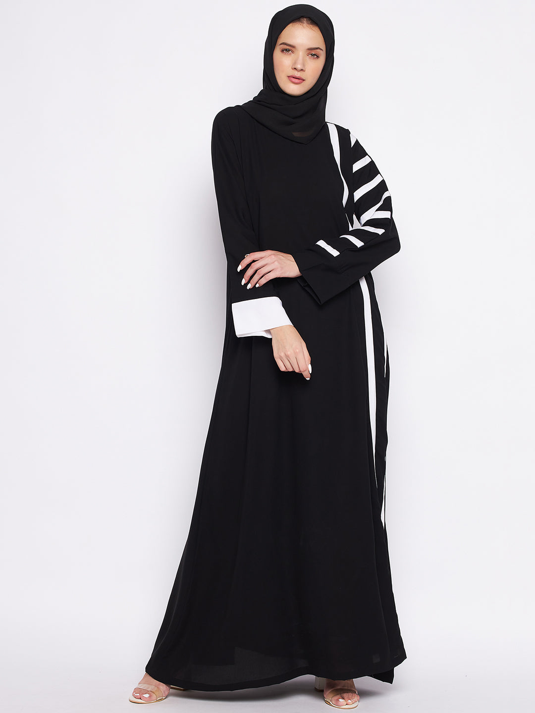 Nabia Black & White A-line Nida Matte Fabric Abaya For Women With Georgette Scarf