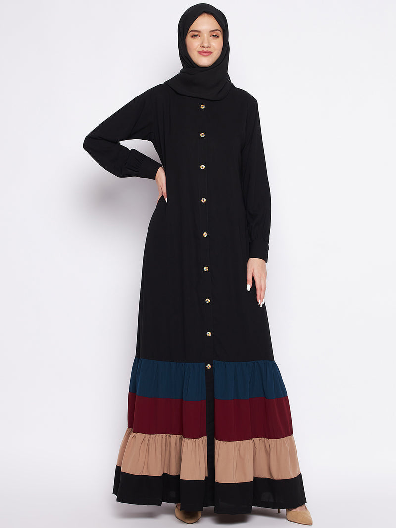 Nabia Multi-Colored Nida Matte Fabric Front Open Abaya For Women With Georgette Scarf