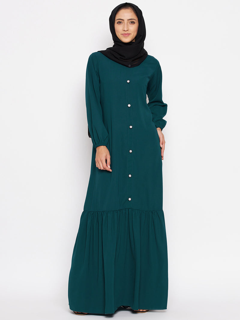 Nabia Women Bottle Green Solid Frill Abaya Burqa With Georgette Scarf