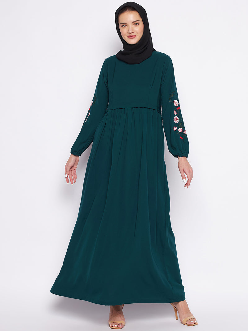 Nabia Bottle Green Nida Matte Fabric Embroidery Abaya For Women With Georgette Scarf