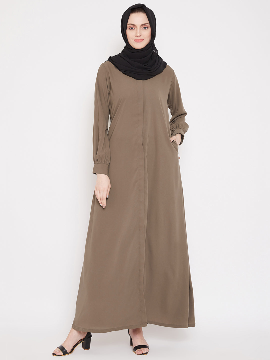 Nabia Women Oat Front Open Abaya with Georgette Scarf
