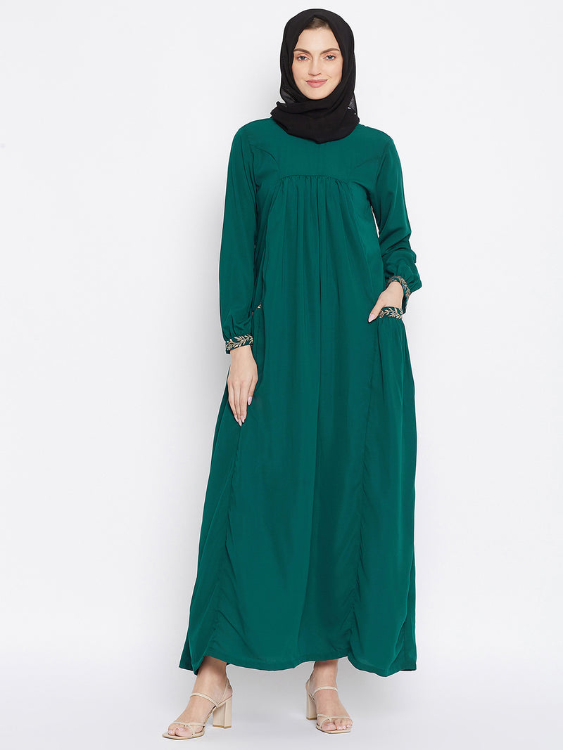Nabia Women Bottle Green Pocket Embroidery Nida Matte Fabric Abaya with Georgette Scarf
