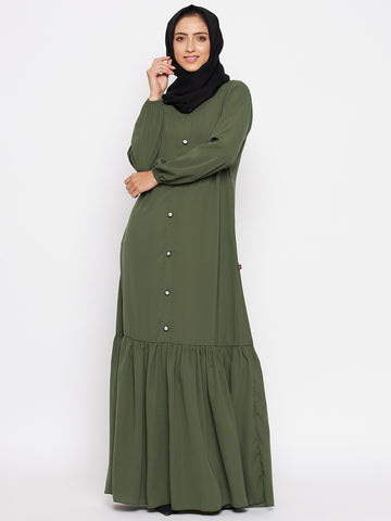Nabia Women Jade Green Solid Frill Abaya Burqa With Georgette Scarf
