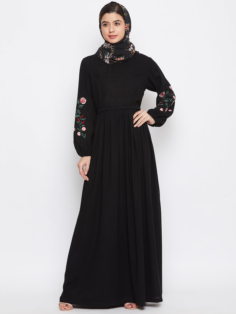 Nabia Women Black Chikan Hand Embroidery Design  Abaya With Georgette Scarf