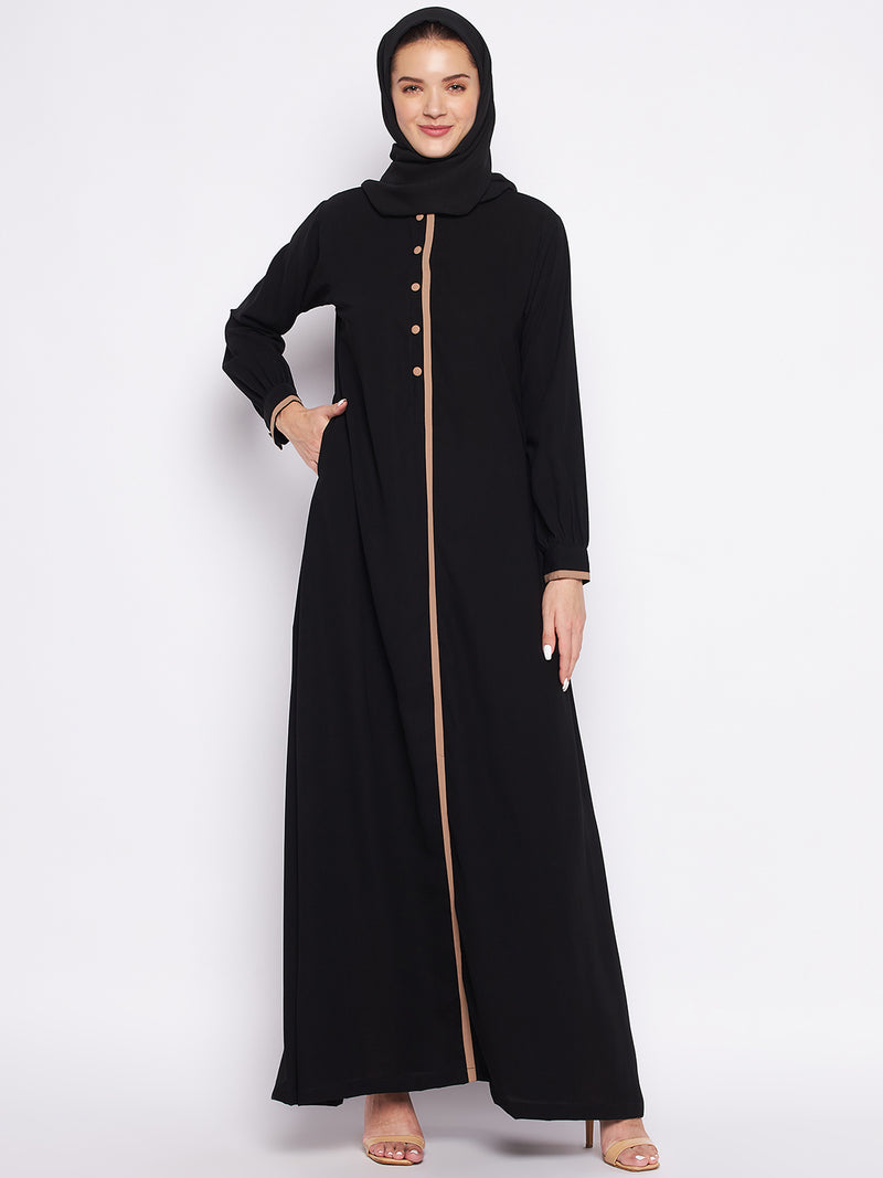 Nabia Black Solid Nida Matte Fabric Abaya For Women With Georgette Scarf