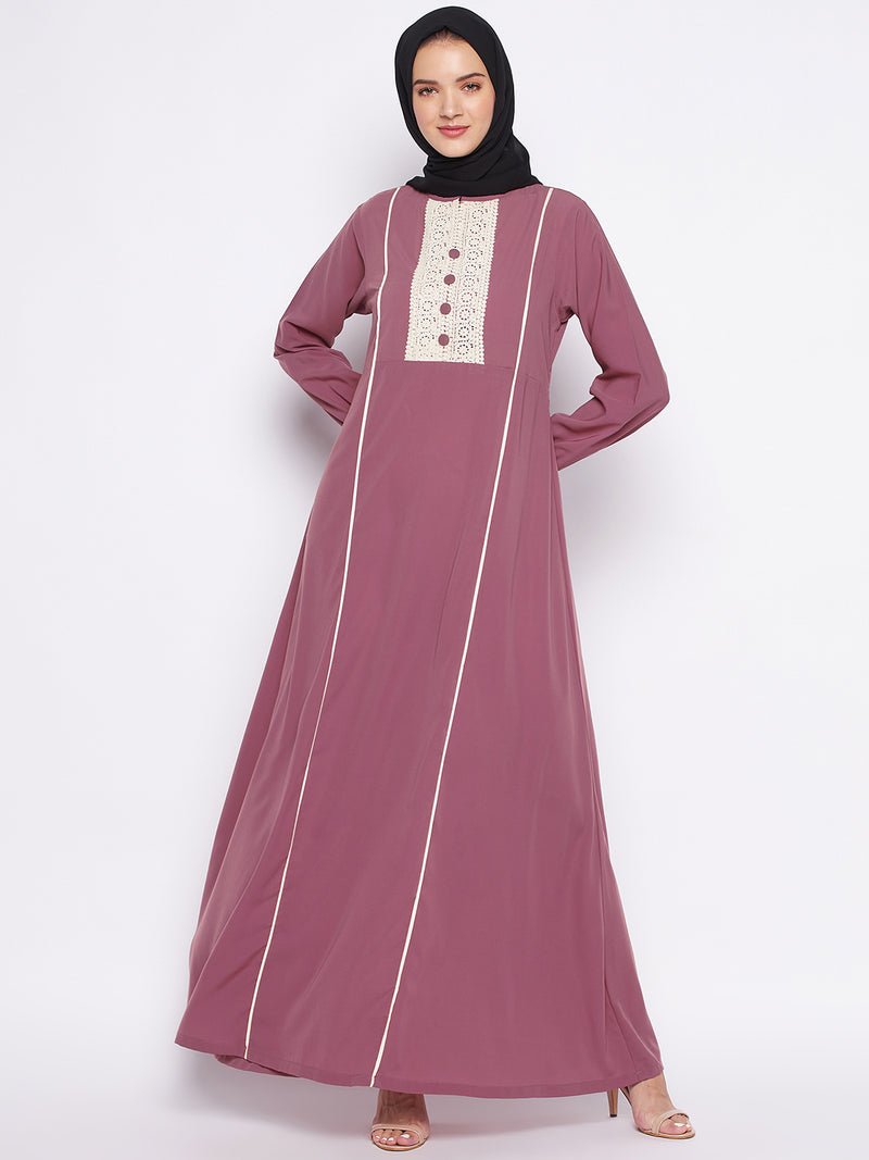 Nabia Puce Pink Nida Matte Fabric Lace Abaya For Women With Georgette Scarf