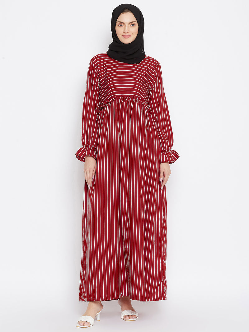 Nabia Women Maroon Solid Stripe Crepe Abaya Dress With Georgette Scarf
