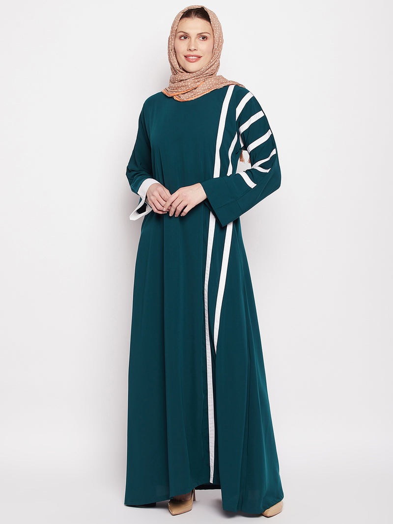 Nabia Women Bottle Green & White Solid A-line Nida Matte Fabric Abaya Burqa With Black Georgette Scarf