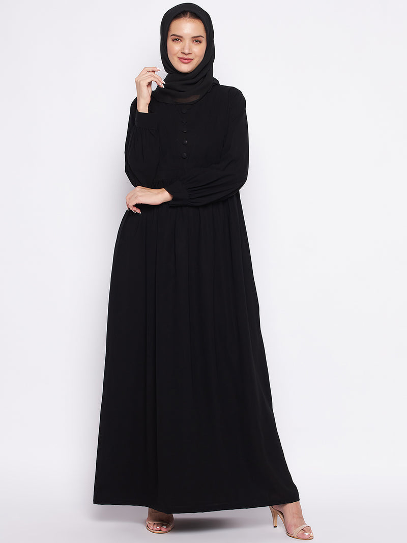 Nabia Black Solid Nida Matte Fabric Abaya For Women With Georgette Scarf